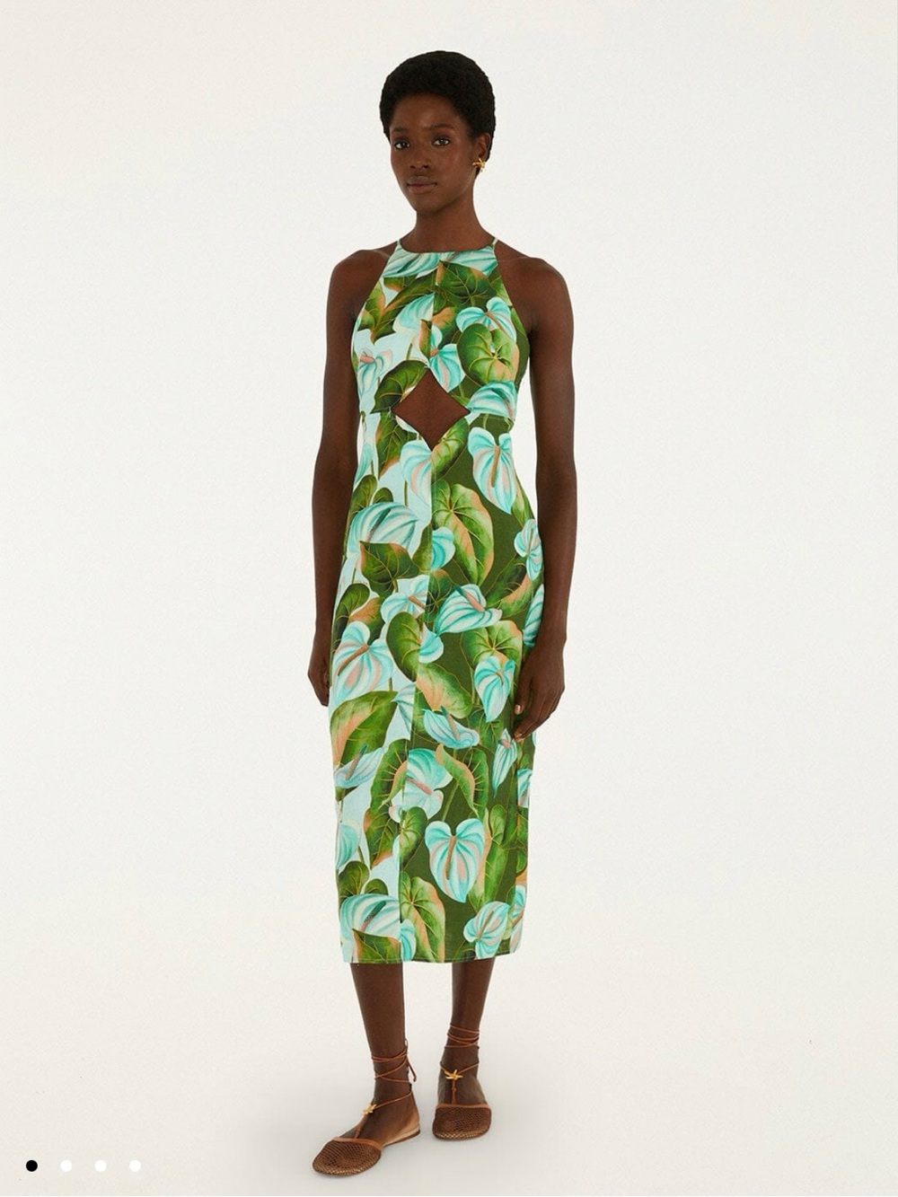 FARM rio green Anthurium Leaves Cut-Out Euroflax™ Premium Linen Midi Dress